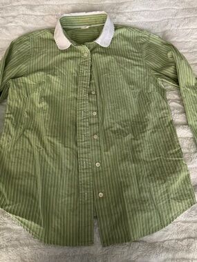 J. Crew Green and White Striped Shirt with White Trim